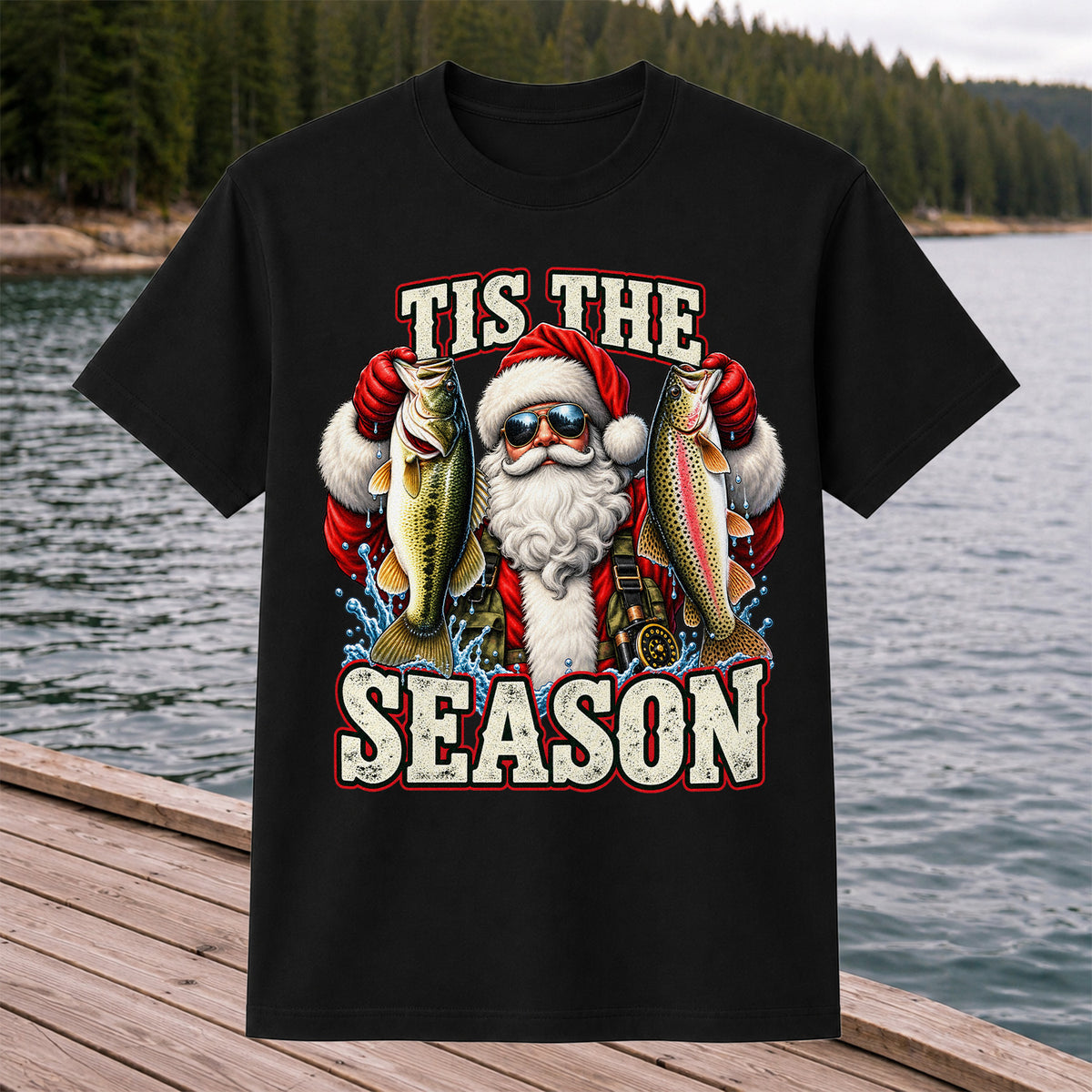 Tis the Season Santa Holding Bass and Rainbow Trout Christmas Fishing T-Shirt