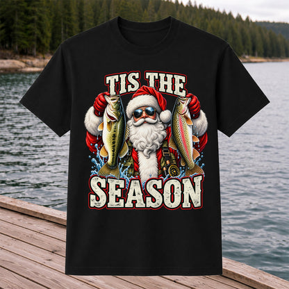 Tis the Season Santa Holding Bass and Rainbow Trout Christmas Fishing T-Shirt