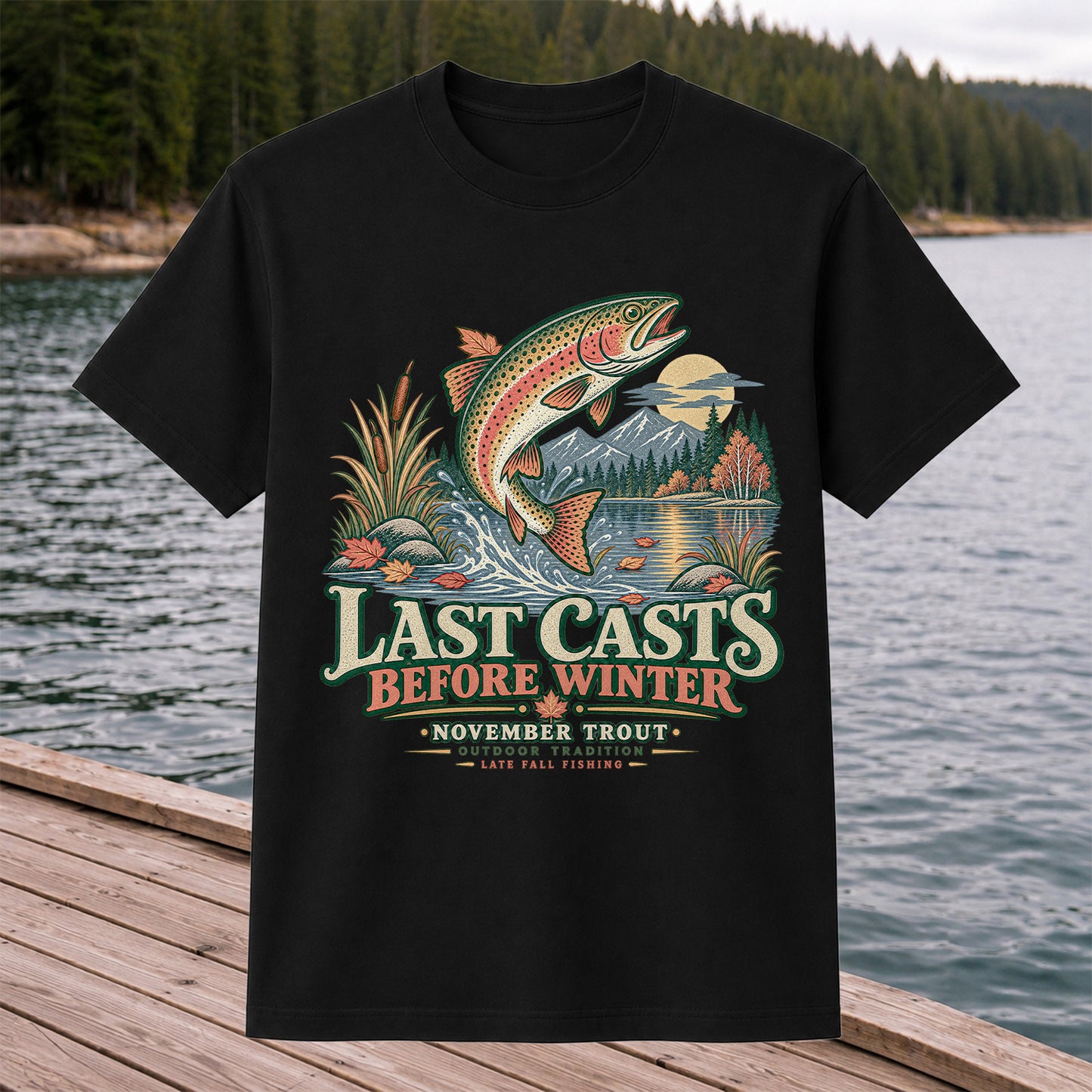 Last Casts Before Winter November Rainbow Trout Fishing Graphic T-Shirt