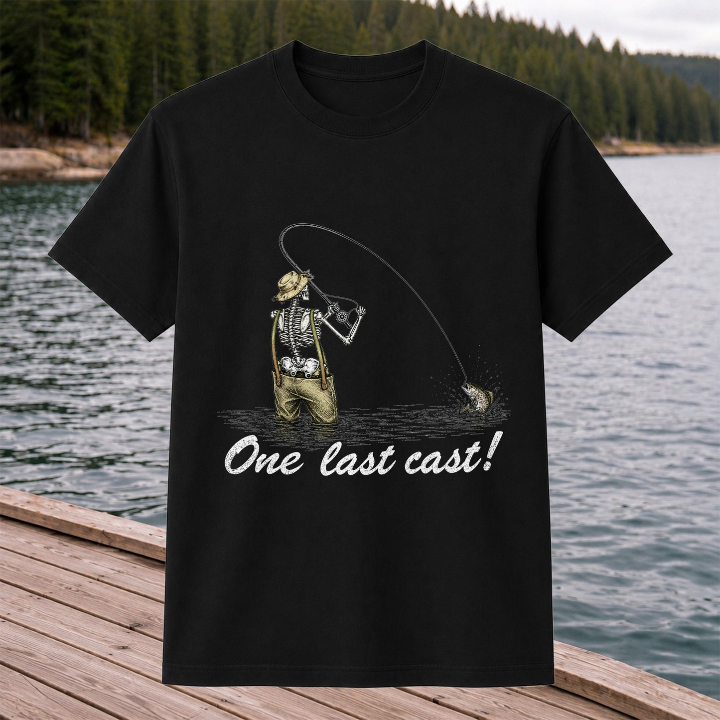 One Last Cast Skeleton Angler Fishing Graphic T-Shirt