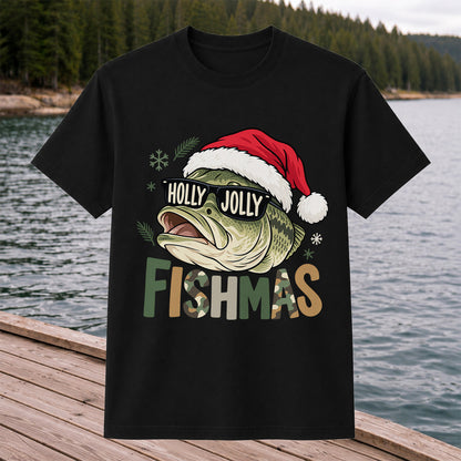 Bass Wearing Santa Hat and Holiday Glasses Fishing Graphic T-Shirt