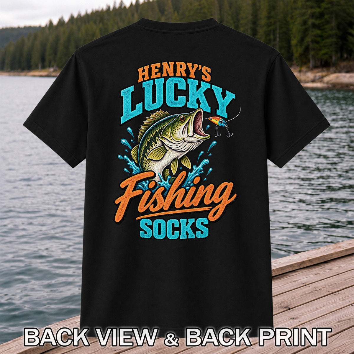 Henry's Lucky Fishing Socks Jumping Bass Graphic T-Shirt | Back Print