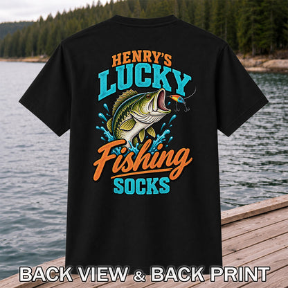 Henry's Lucky Fishing Socks Jumping Bass Graphic T-Shirt | Back Print