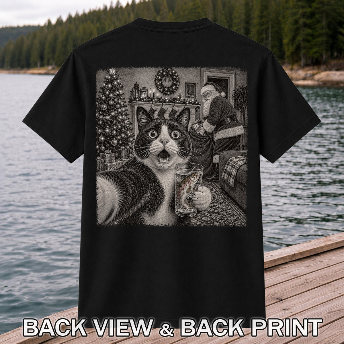 Christmas Cat Holding a Fish Mug Holiday Graphic T-Shirt | Back Print