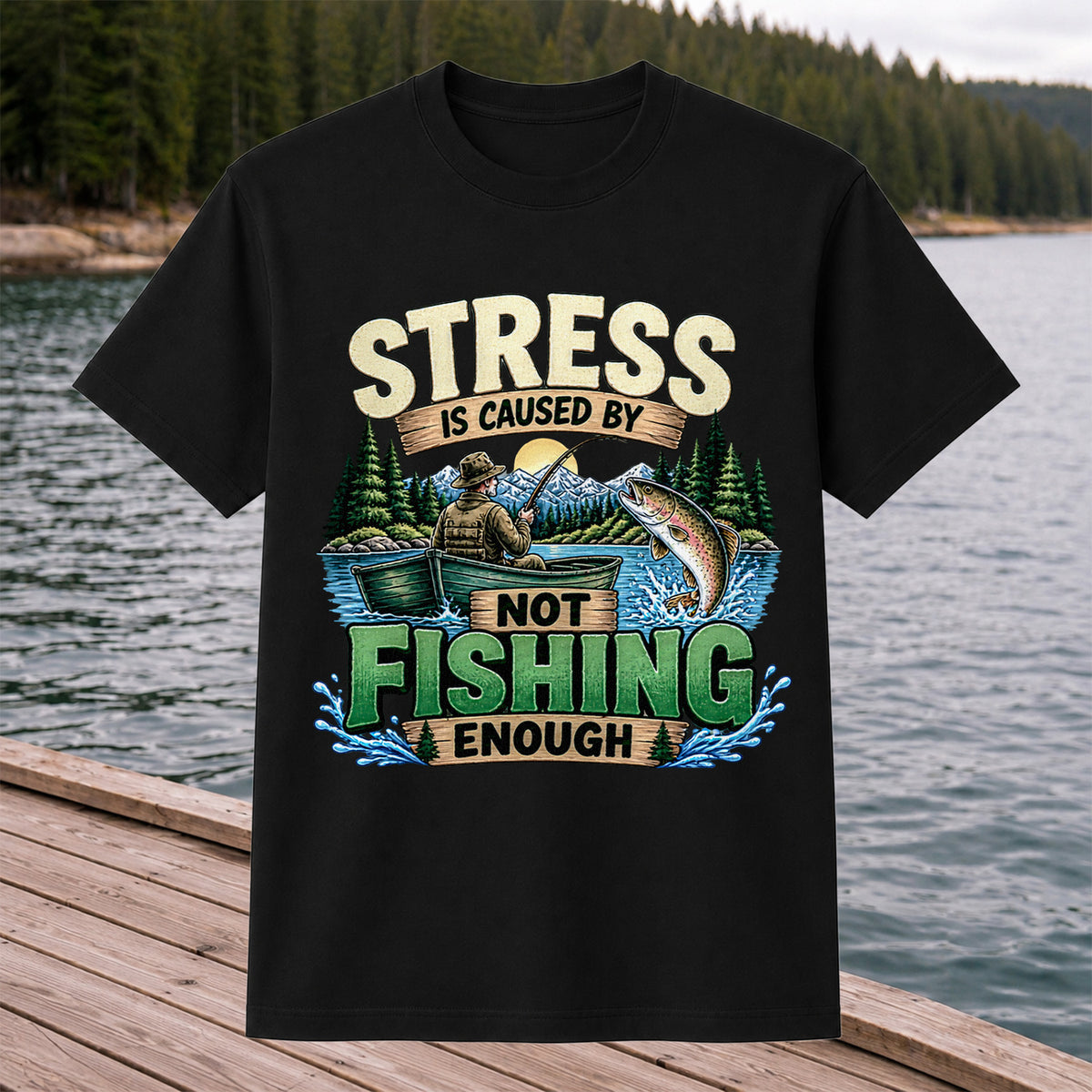 Stress Is Caused by Not Fishing Enough Rainbow Trout and Fishing Boat T-Shirt
