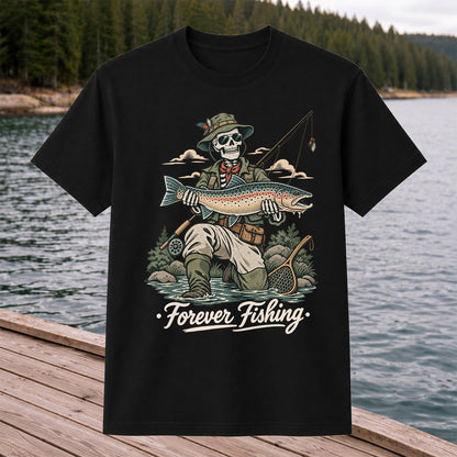 Forever Fishing Skeleton Angler with Rainbow Trout Graphic T-Shirt