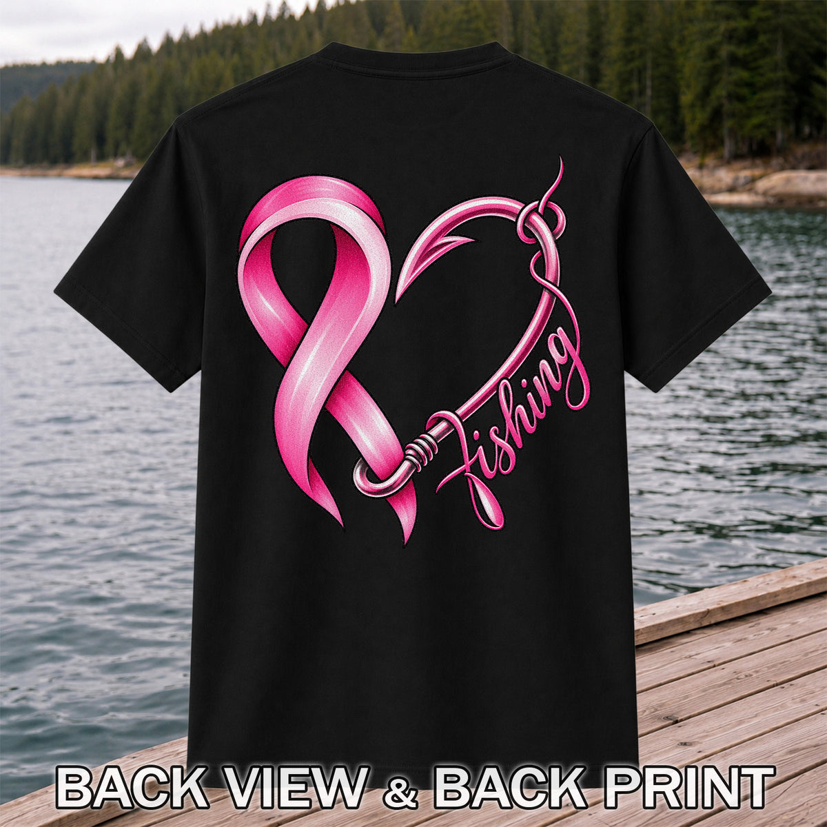 Pink Ribbon Heart Fish Hook Fishing Graphic T-Shirt | Back Print