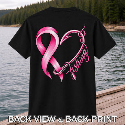 Pink Ribbon Heart Fish Hook Fishing Graphic T-Shirt | Back Print