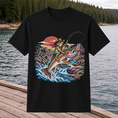 Cowboy Frog Riding a Rainbow Trout Canyon Fishing Graphic T-Shirt