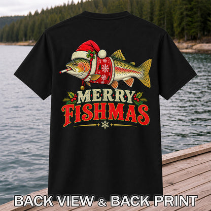 Christmas Trout Santa Fishing Graphic T-Shirt | Back Print