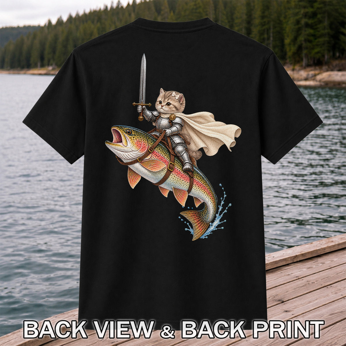 Cat Knight Riding a Rainbow Trout Fishing Graphic T-Shirt | Back Print
