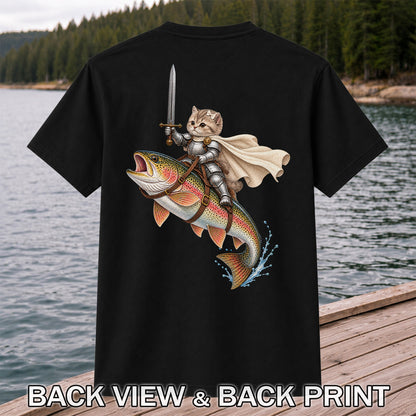 Cat Knight Riding a Rainbow Trout Fishing Graphic T-Shirt | Back Print