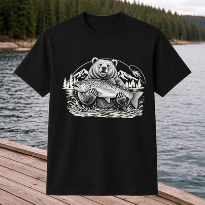 Bear Holding Trout in Mountain Lake Fishing Graphic T-Shirt