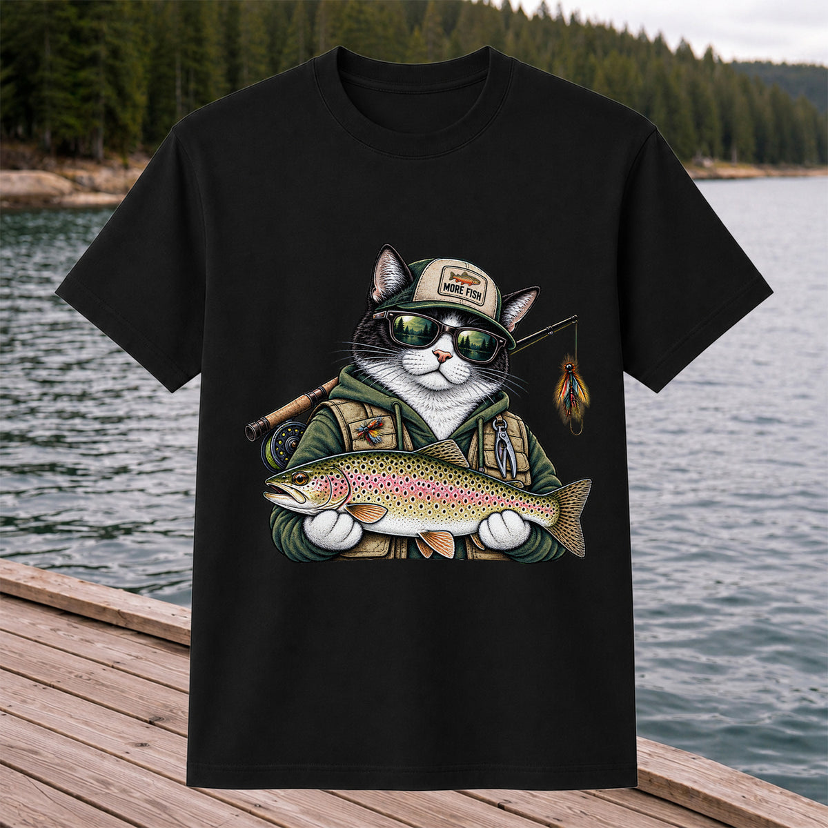Cat Holding Rainbow Trout Fishing Graphic T-Shirt