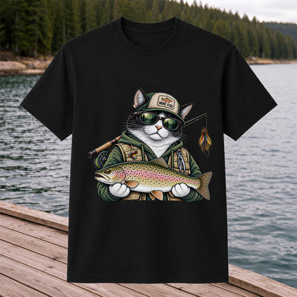 Cat Holding Rainbow Trout Fishing Graphic T-Shirt