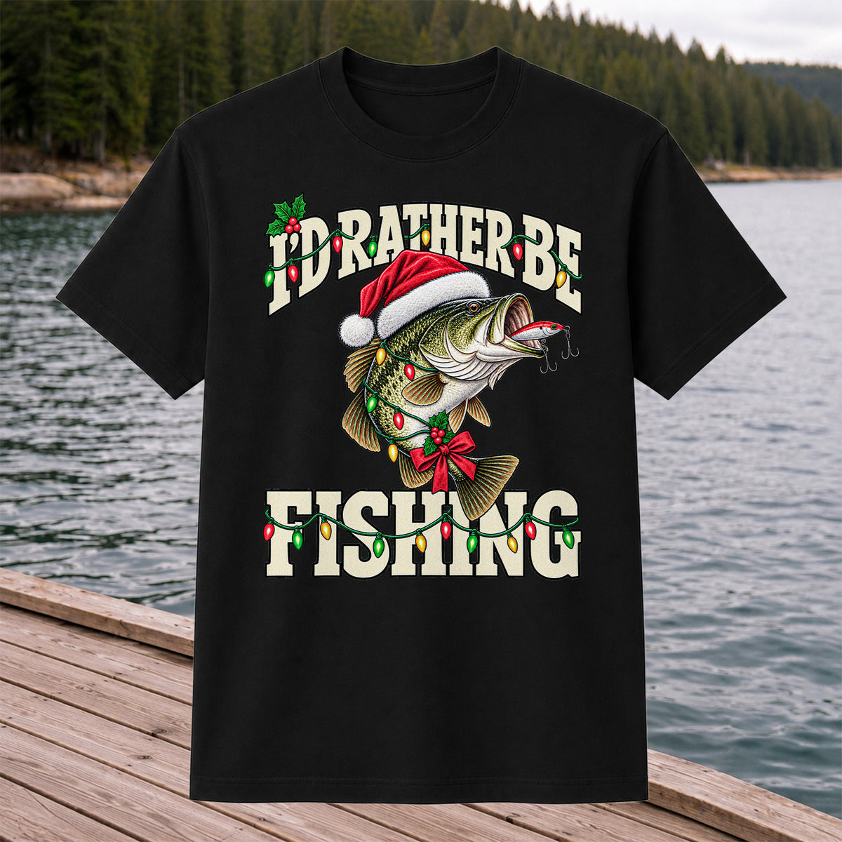 Santa Hat Bass Christmas Fishing Graphic T-Shirt