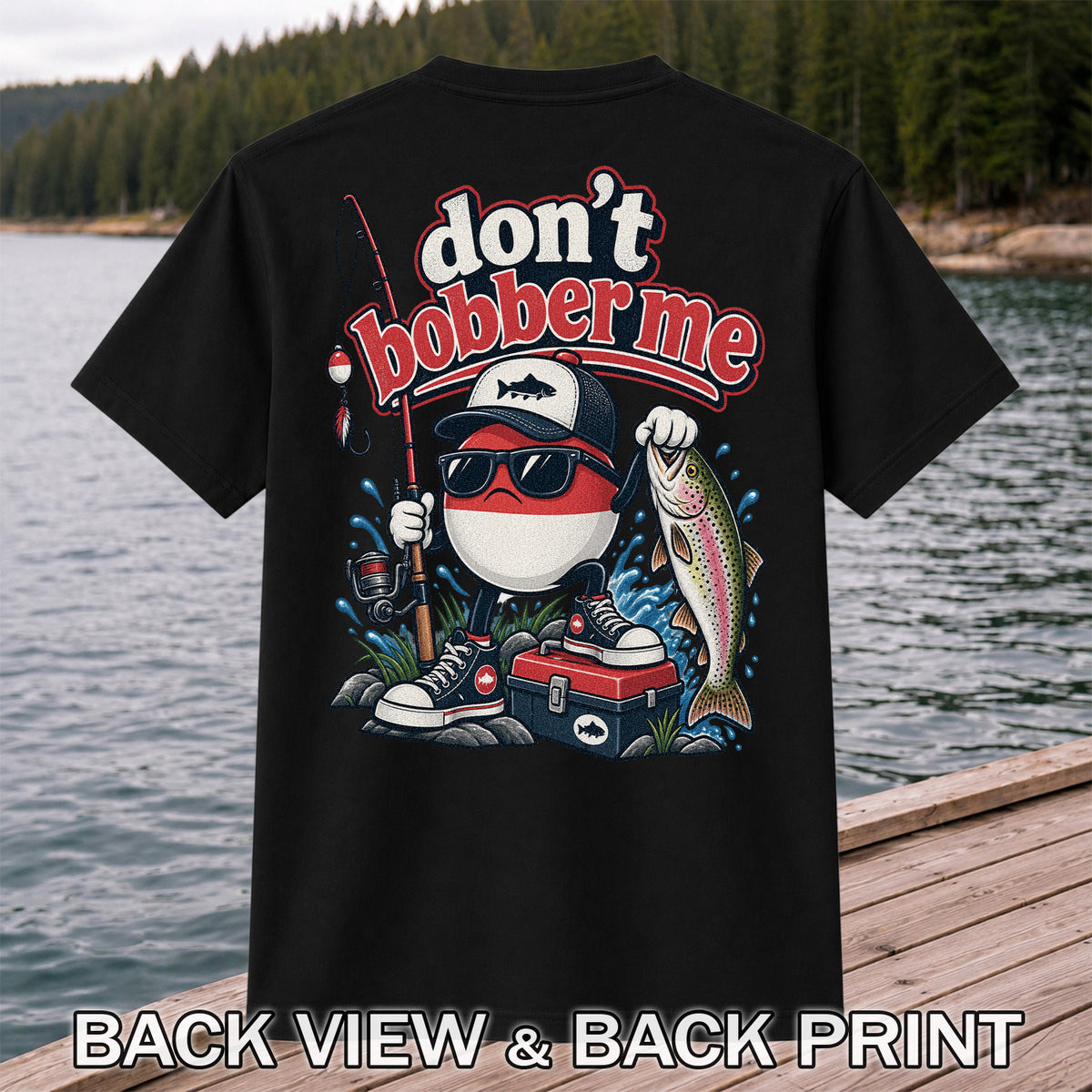 Don't Bobber Me Funny Fishing Bobber Holding Rainbow Trout T-Shirt | Back Print
