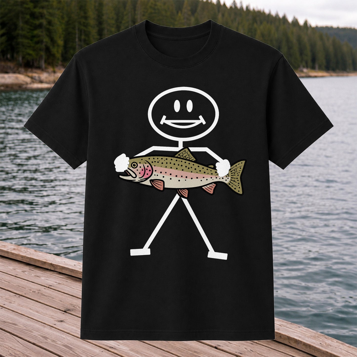 Stick Figure Holding a Rainbow Trout Fishing T-Shirt