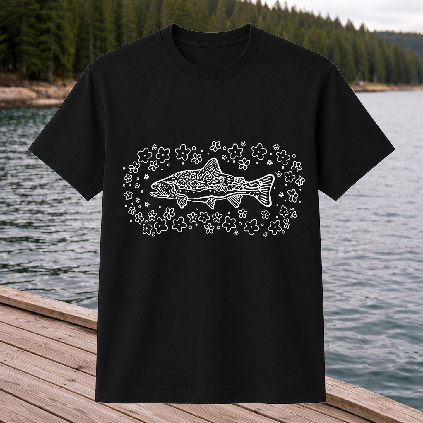 Brown Trout Surrounded by Wildflowers Fishing Graphic T-Shirt