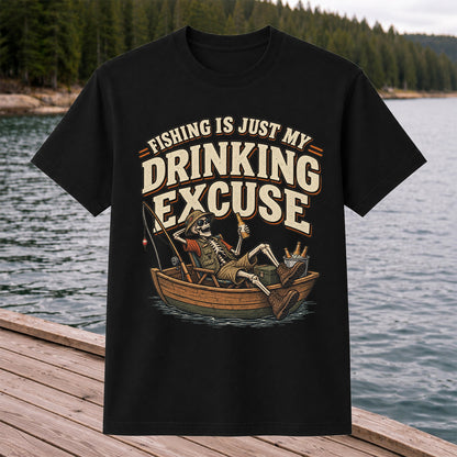 Fishing Is Just My Drinking Excuse Skeleton Angler T-Shirt