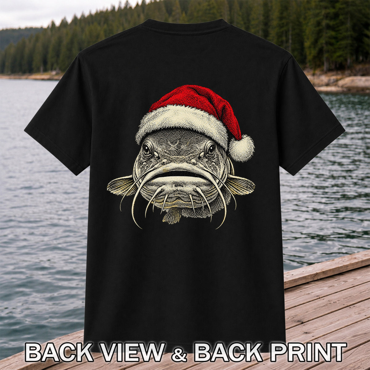 Christmas Catfish Santa Hat Holiday Fishing Graphic T-Shirt | Back Print