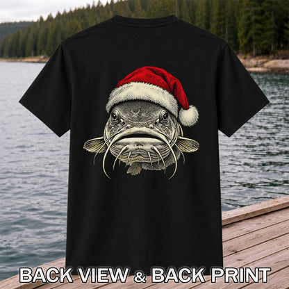 Christmas Catfish Santa Hat Holiday Fishing Graphic T-Shirt | Back Print