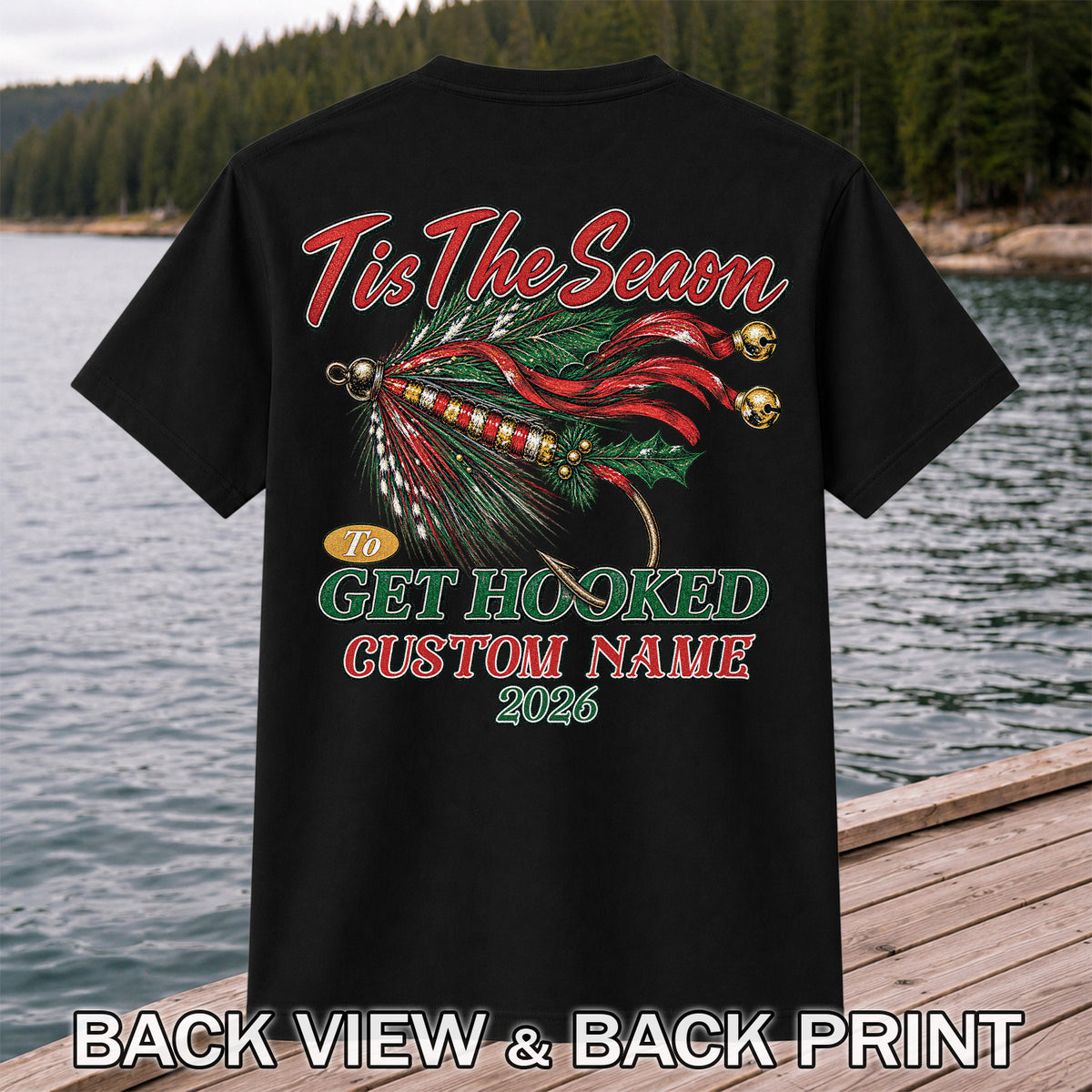 Personalized Christmas Fly Fishing Custom Name T-Shirt | Back Print
