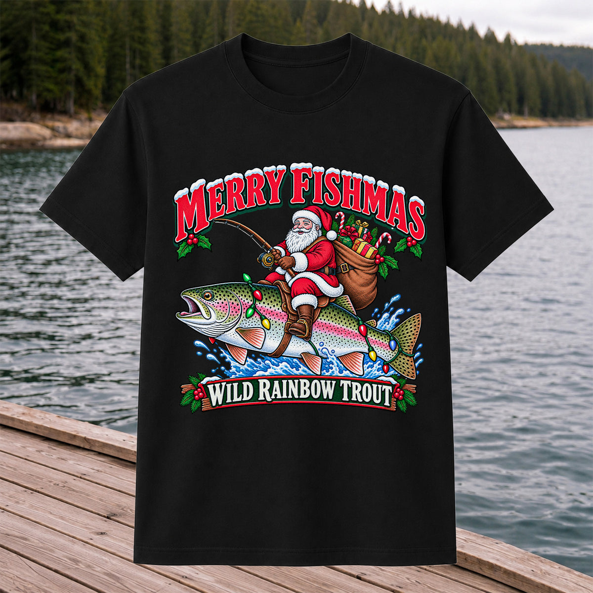 Merry Fishmas Santa Riding a Wild Rainbow Trout Christmas Fishing T-Shirt