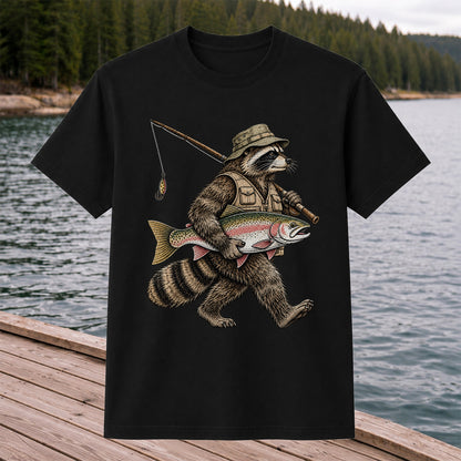 Raccoon Angler Holding Rainbow Trout Fishing Graphic T-Shirt