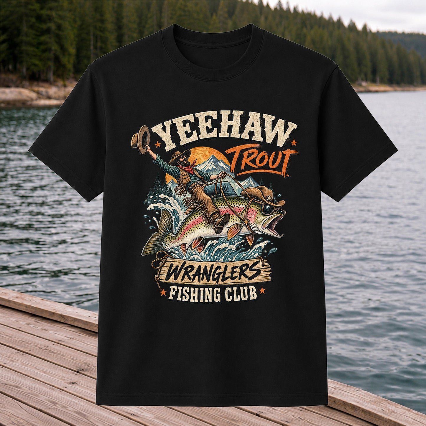 Yeehaw Trout Wranglers Fishing Club Cowboy Graphic T-Shirt