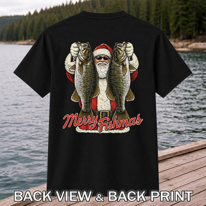 Santa Holding Bass Christmas Fishing Graphic T-Shirt | Back Print