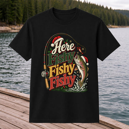Here Fishy Fishy Fishy Christmas Rainbow Trout Fishing T-Shirt