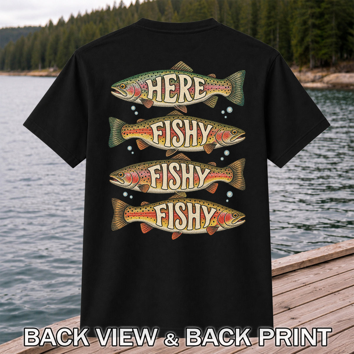 Here Fishy Fishy Fishy Rainbow Trout Fishing Graphic T-Shirt | Back Print