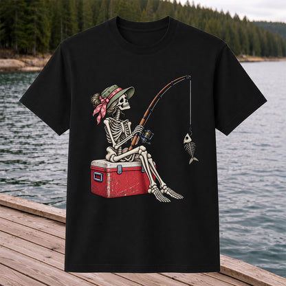 Skeleton Woman Fishing on a Cooler with Fish Bones Graphic T-Shirt