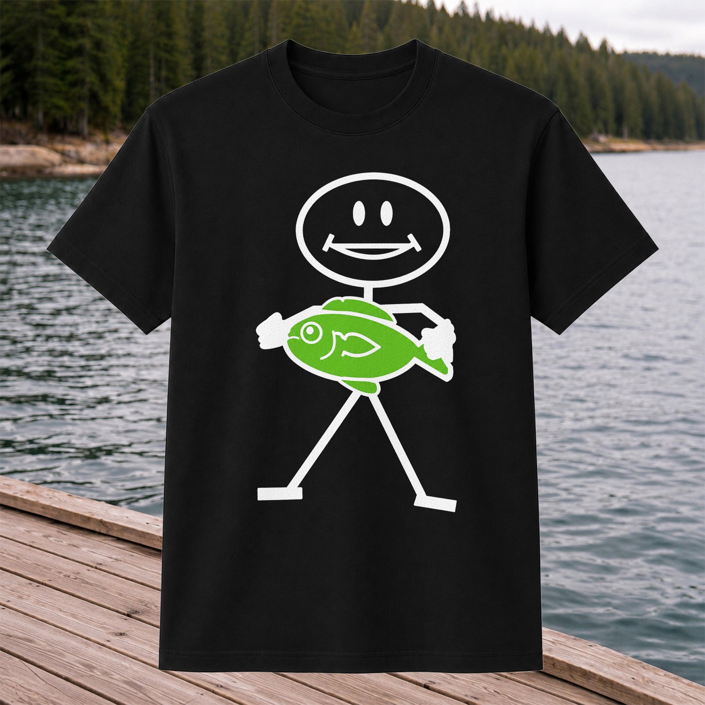 Happy Stick Figure Holding a Green Fish Graphic T-Shirt