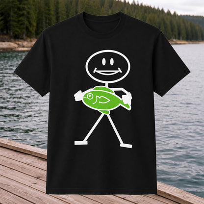 Happy Stick Figure Holding a Green Fish Graphic T-Shirt