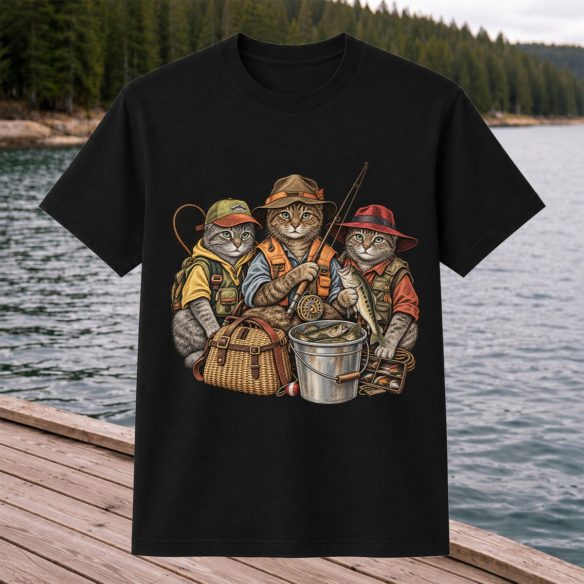 Three Fishing Cats with Rod and Catch Vintage Graphic T-Shirt