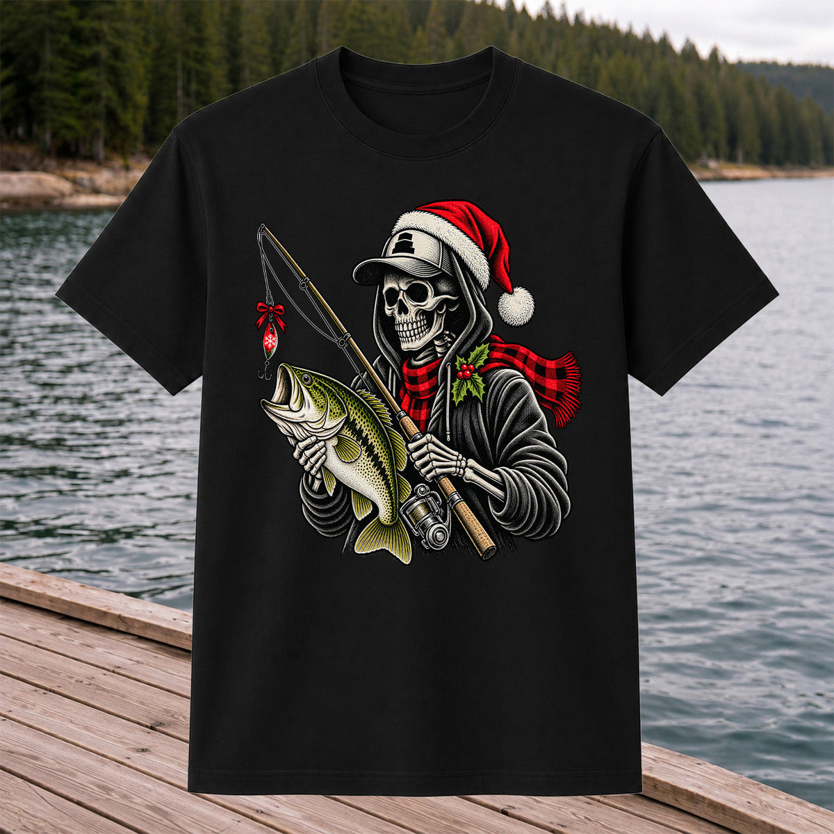 Christmas Skeleton Angler with Santa Hat and Bass Fishing T-Shirt