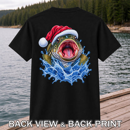 Santa Hat Bass Splash Fishing Graphic T-Shirt | Back Print