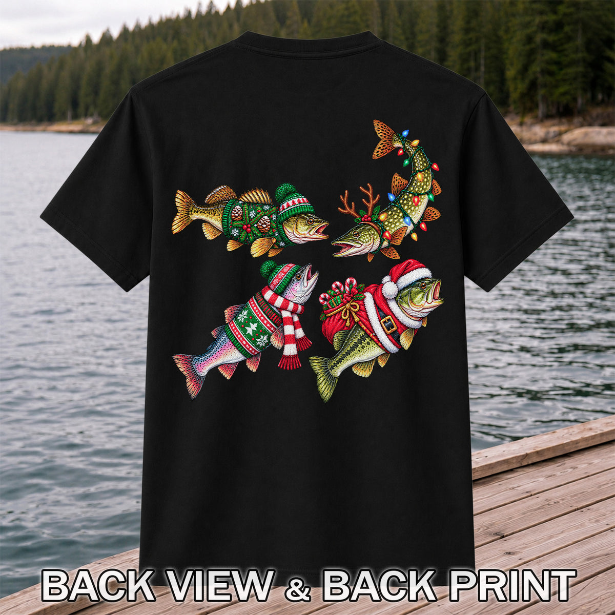 Festive Christmas Fish Wearing Holiday Sweaters Fishing T-Shirt | Back Print