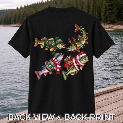 Festive Christmas Fish Wearing Holiday Sweaters Fishing T-Shirt | Back Print