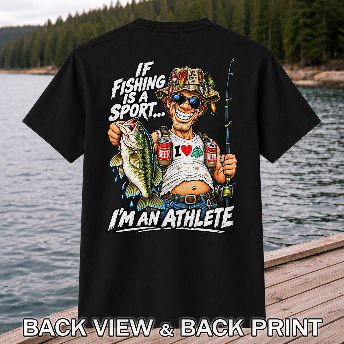 If Fishing Is a Sport I'm an Athlete Funny Bass Angler T-Shirt | Back Print