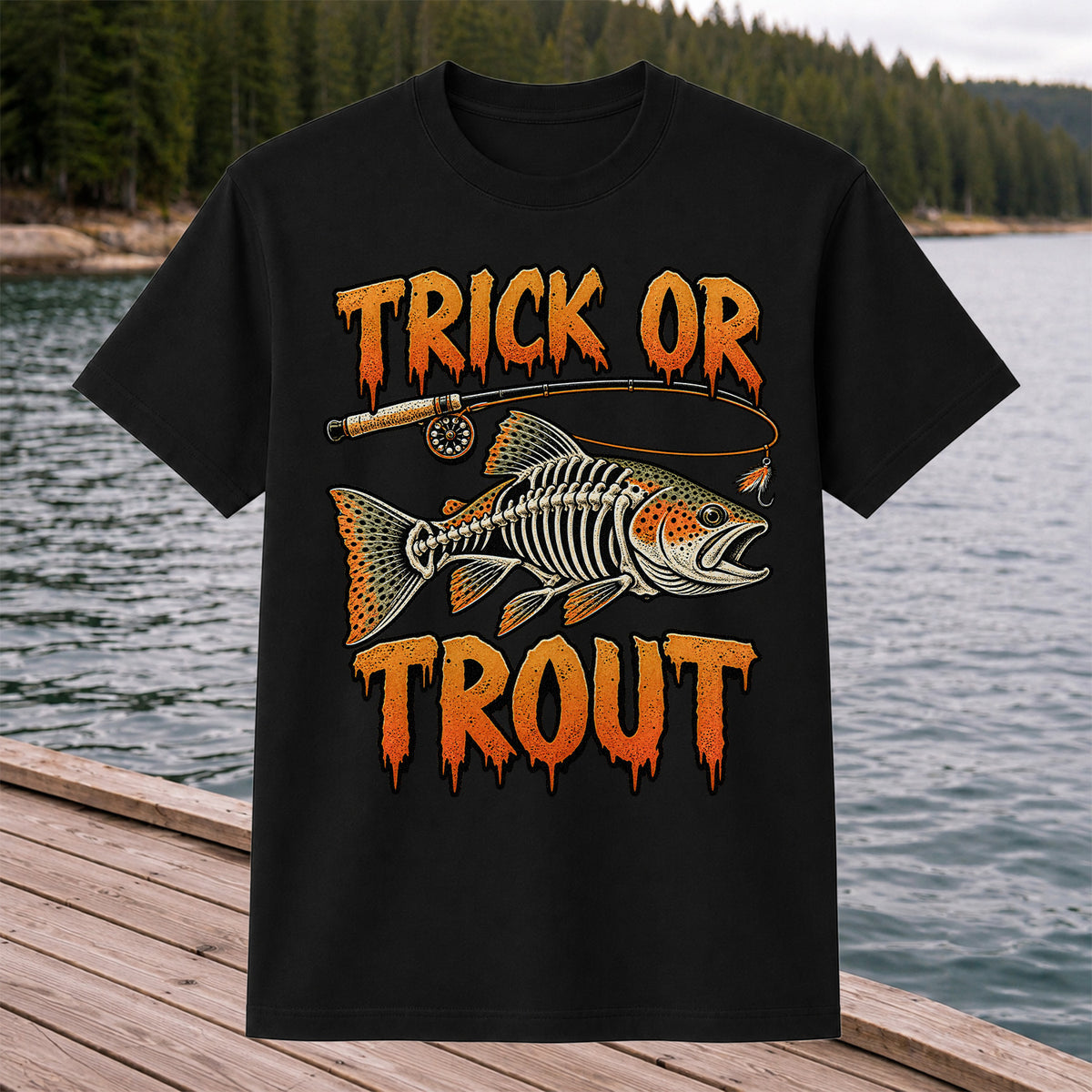Trick or Trout Skeleton Trout Halloween Fly Fishing T-Shirt
