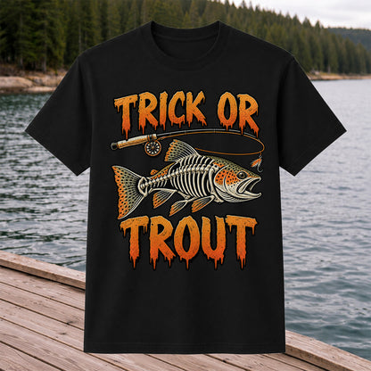 Trick or Trout Skeleton Trout Halloween Fly Fishing T-Shirt