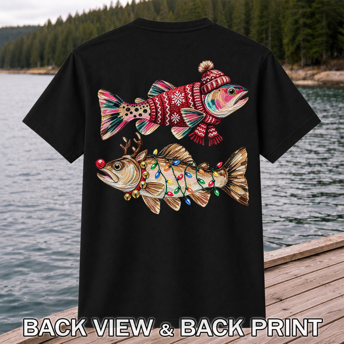 Festive Christmas Fish with Lights Fishing Graphic T-Shirt | Back Print