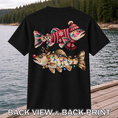 Festive Christmas Fish with Lights Fishing Graphic T-Shirt | Back Print