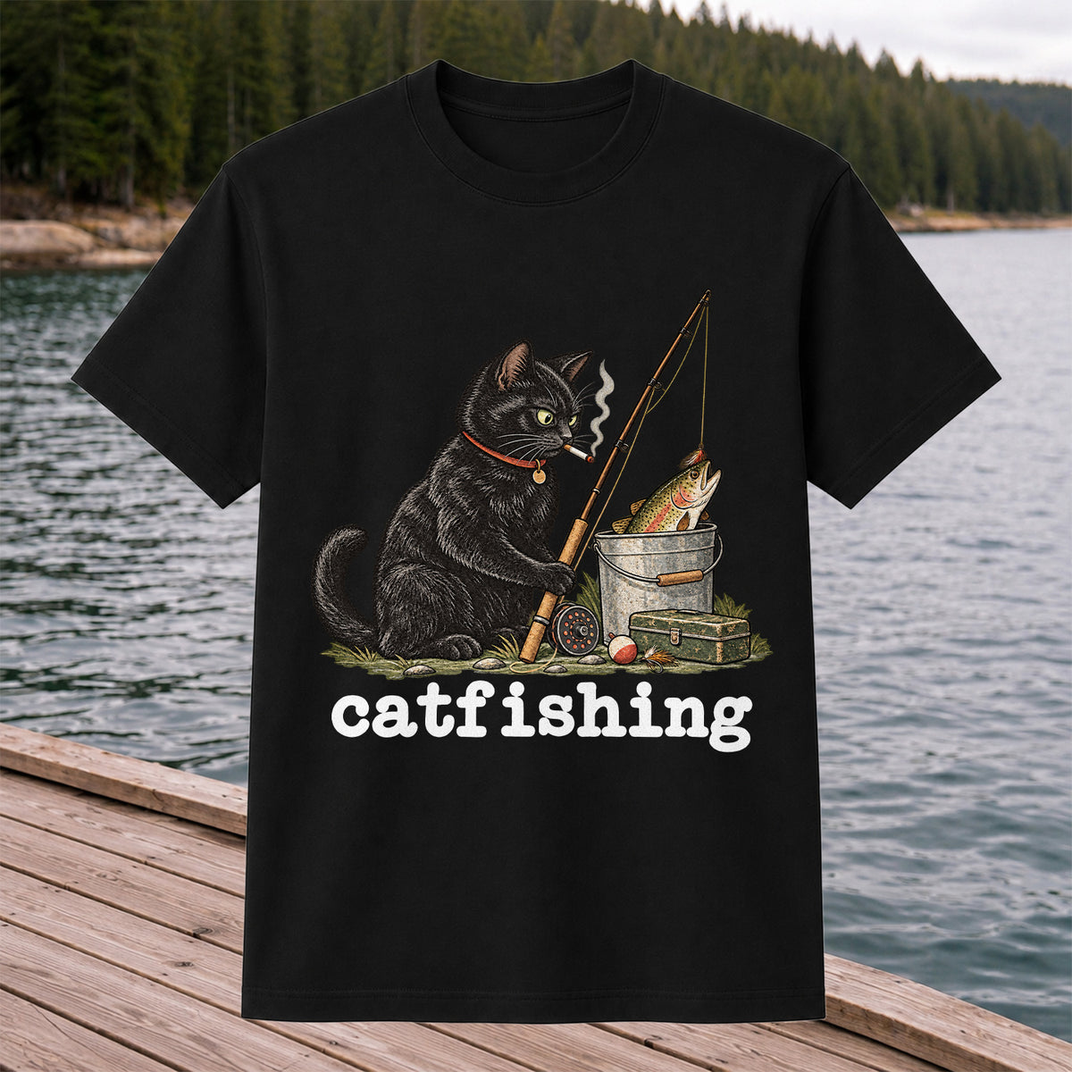 Catfishing Smoking Black Cat with Fishing Rod Funny T-Shirt