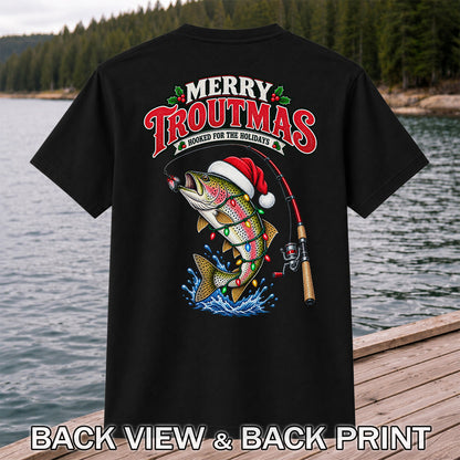 Merry Troutmas Hooked for the Holidays Rainbow Trout Christmas Fishing T-Shirt | Back Print
