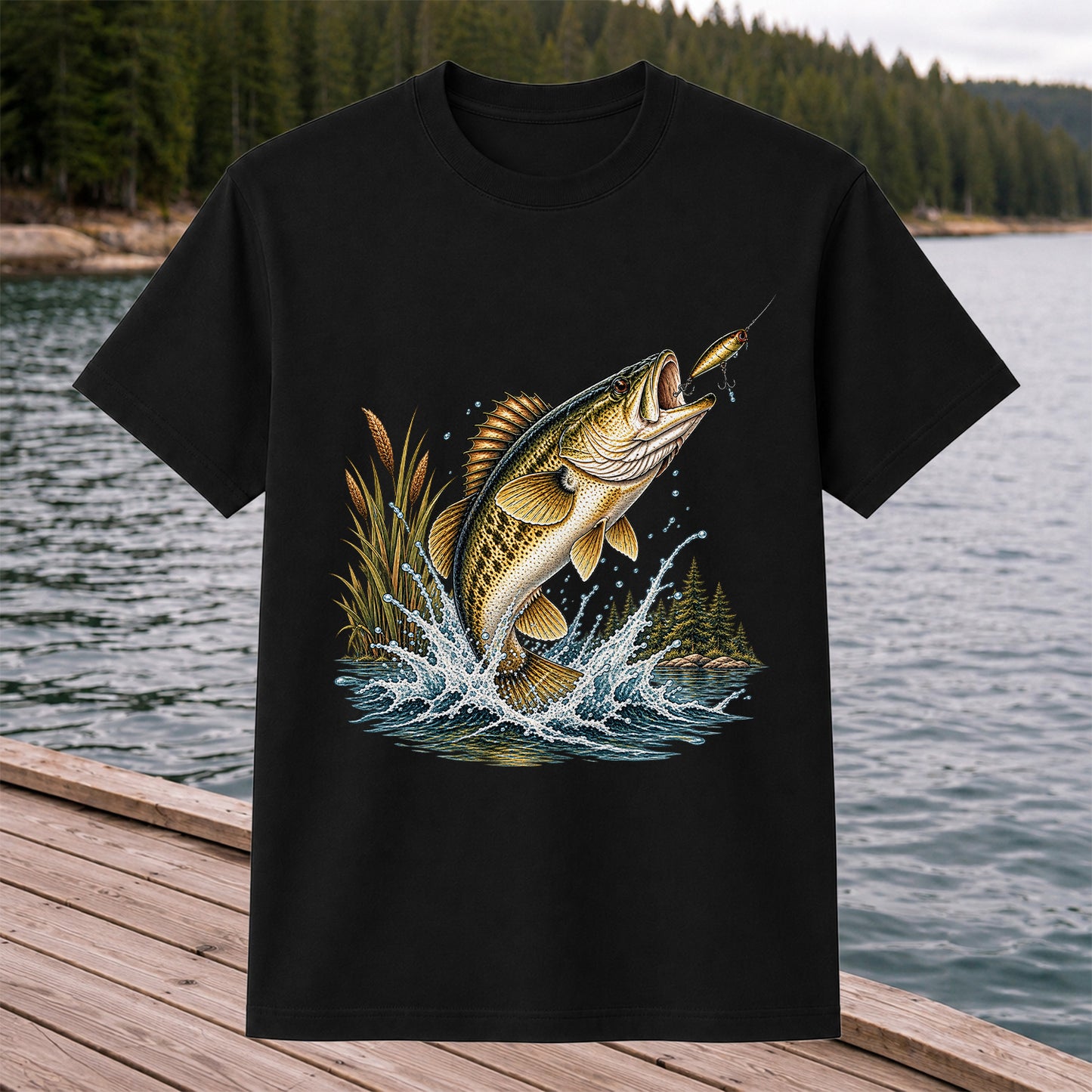 Jumping Bass Chasing a Lure Lake Fishing Graphic T-Shirt