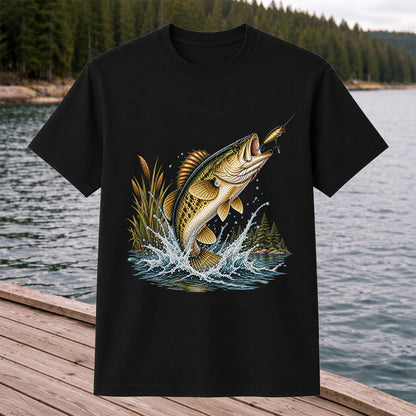 Jumping Bass Chasing a Lure Lake Fishing Graphic T-Shirt